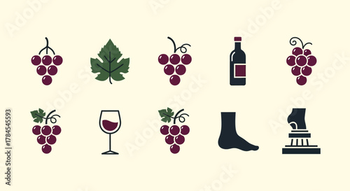 A vector illustration with icons of grapes, wine, a leaf, a glass, a bottle, and a foot, and a foot being washed. The icons have a simple design and are in two colors