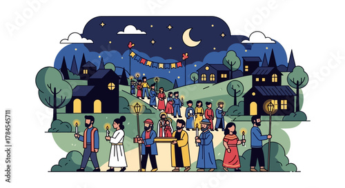 Foto Illustration of a traditional candlelight procession walking through a small tow