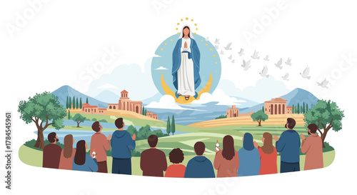 Illustration of the Virgin Mary appearing above a crowd, symbolizing faith and hope