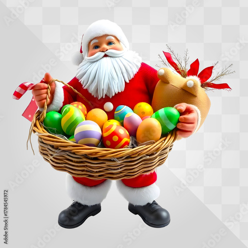 Santa Claus Holding Basket of Colorful Easter Eggs