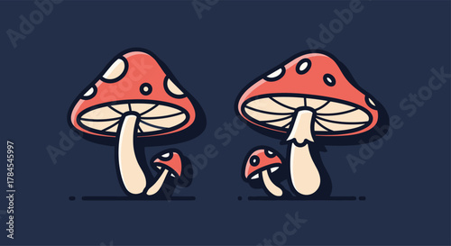 Cute cartoon pixel art red mushrooms with white dots on a dark blue background.