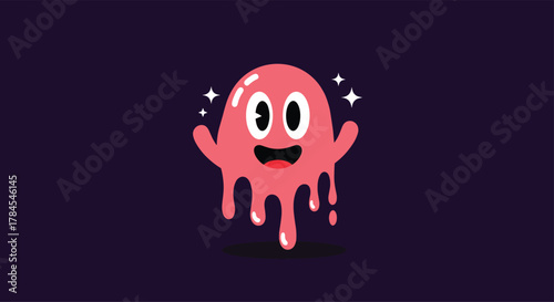 A happy pink slime character with big eyes and a wide smile is jumping with joy and sparkles all around.