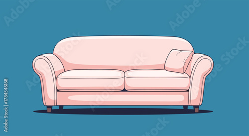 A comfortable and plush light pink sofa with a pillow sits against a solid blue background.