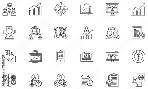 Essential Line Icons Set for Business Strategy, Financial Analysis, Data Management, and Team Collaboration Concepts