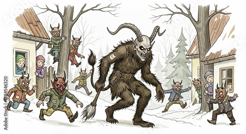 Krampus and Imps Visiting a Village for Christmas Celebrations