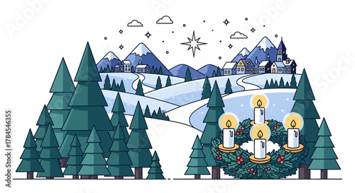 Festive Winter Landscape with Christmas Elements Snowy Scene and Advent Wreath Illustration
