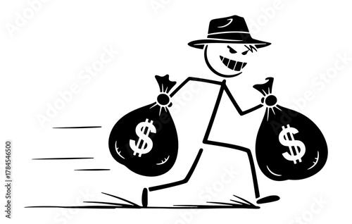 Cartoon stick man thief running with money bags vector illustration for crime or financial risk concept isolated on white