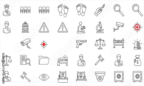 Law and Justice Icons Scales, Gavel, Courtroom, Fingerprints, Magnifying Glass, and Safe