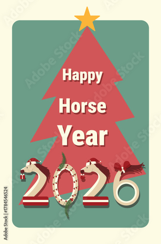 Christmas horse poster Happy Horse Year 2026 with Christmas tree, Santa hats, gifts, and holiday decorations. Creative greeting card vector design