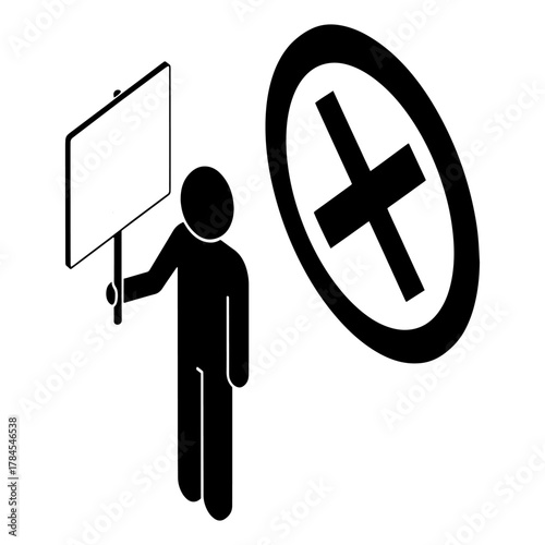 Isometric protest icon with a person holding a blank sign next to a cancel symbol vector illustration for social issues and political activism