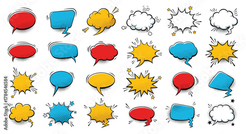 A vibrant collection of comic book speech bubbles in various shapes and colors.