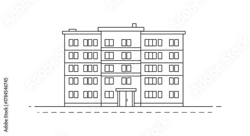 Detailed architectural sketch of a multi story residential building with many windows and balconies.