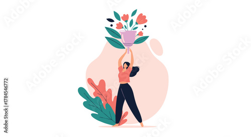 A person lifting a pot of blooming flowers above their head. This symbolizes growth and achievement, a joyous celebration of nature's bounty and personal success.