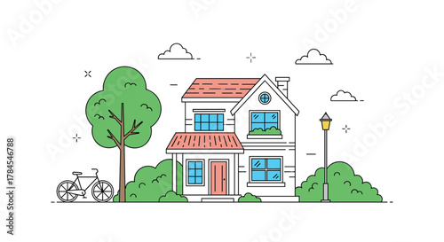A charming house with a bicycle parked in front and trees and bushes surrounding it.