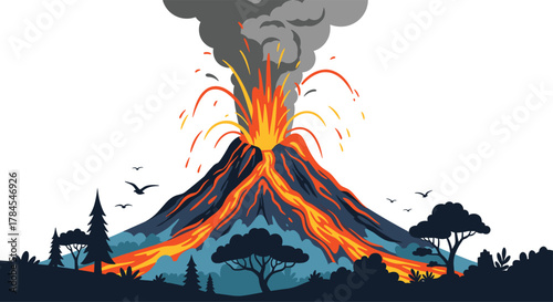 A powerful volcano erupts with molten lava flowing down its slopes surrounded by trees and birds flying in the sky.