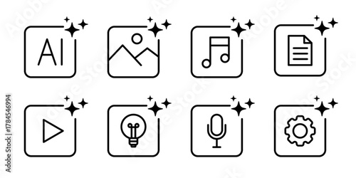 Generate AI icon set. Artificial intelligence buttons for image, video, audio, text, etc. Vector
