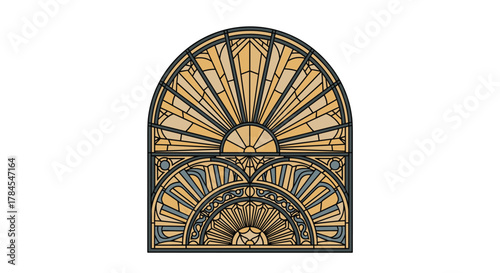 A radiant sunburst motif fills this ornate arched stained glass window design.