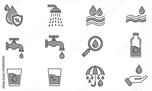 Comprehensive Water Management and Conservation Icons Set - Purity, Hydration, and Sustainability Graphic Symbols for Clean Water Resources