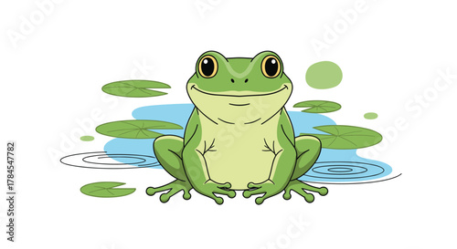 A close up view of a cute green frog sitting on lily pads in a pond surrounded by water and green circles.
