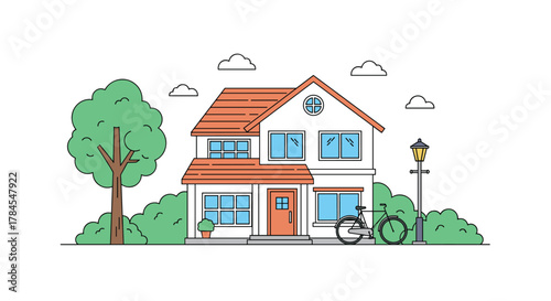 A charming suburban house with a bicycle parked outside on a sunny day.
