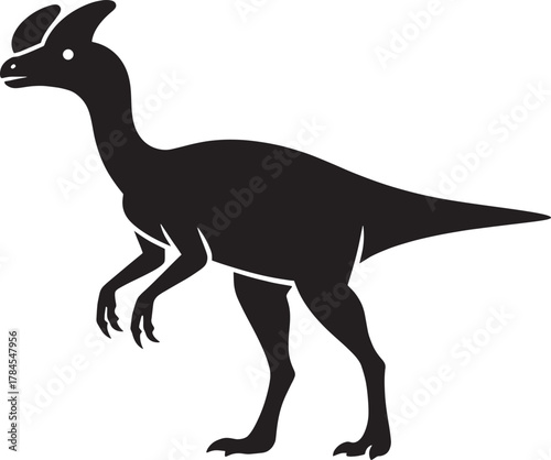 Silhouette of a parasaurolophus dinosaur with a distinctive crest on its head standing on a white background