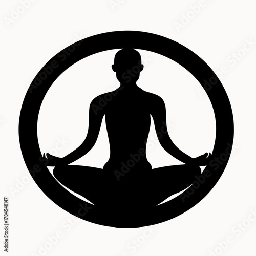 Silhouette of a person meditating in lotus position inside a black circle on a white background design