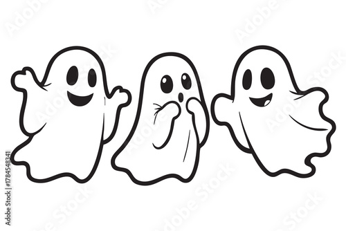 Ghost Outline. Set of Cute Cartoon Ghosts in Various Poses Halloween Clipart