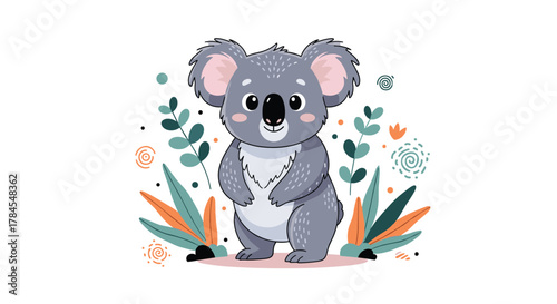 A cute fluffy koala bear standing in a green forest with leaves and flowers.