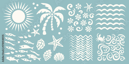 Collection of white beach and ocean themed icons and symbols on a blue background