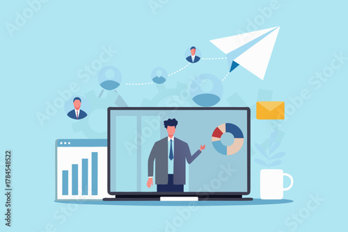 Business presentation with online meeting charts and communication network on a light blue background