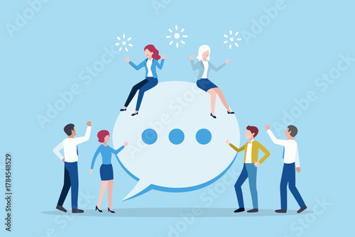 Diverse group of people engaged in communication and discussion around a large speech bubble