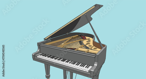 An intricate and detailed representation of a grand piano interior with a skeleton playing the instrument and gears contributing to the mechanical complexity.
