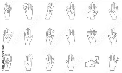 Collection of line icons showing human hand gestures, medical symptoms, pain, numbness, and carpal tunnel syndrome