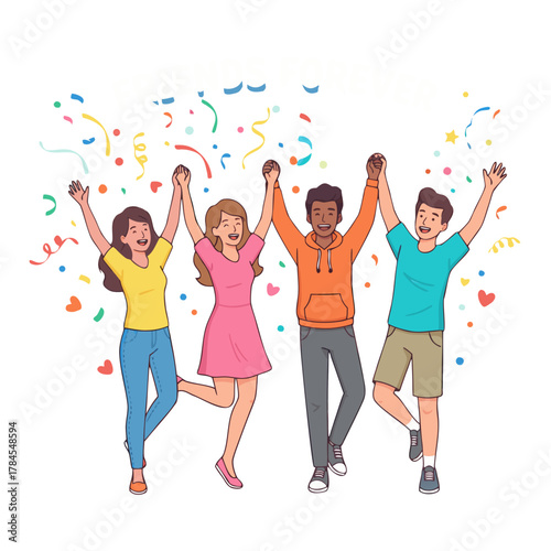 Four Diverse Friends Holding Hands High In Celebration With Confetti Falling Around Them And The Words Friends Forever Above Them On A Black Background