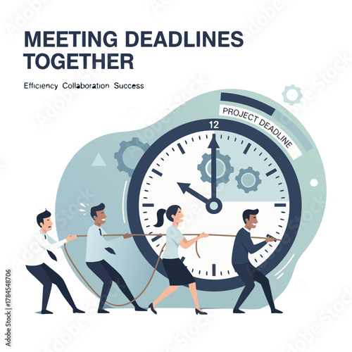 Diverse Team Pulling Together Meeting Project Deadlines Around Giant Clock In Office With Gear Elements And Abstract Shapes In Blue And Teal Tones