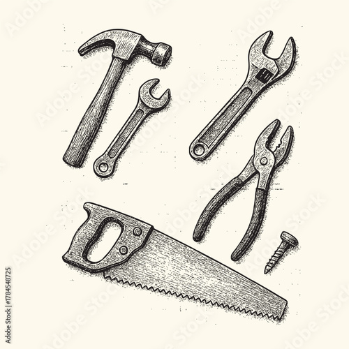 Classic Engraved Toolbox and Tools Vector Set Assortment of Classic Hand Tools for DIY and Repair