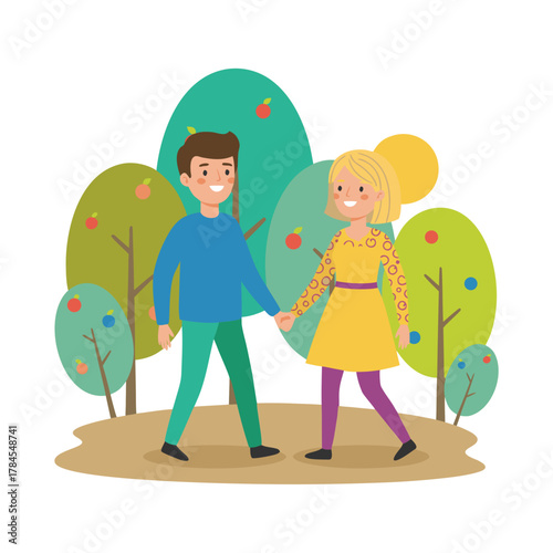 Elderly Couple Walking Arm in Arm Through an Autumn Garden with Trees Bearing Fruit and a Soft Pastel Color Palette