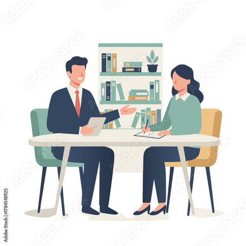 Female Lawyer Explains Case To Client In Office Meeting With Bookshelf Background And Pastel Palette Clean Flat Tones