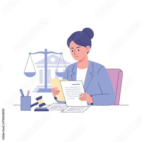 Female Lawyer Reviewing Legal Documents In A Courtroom With Scales Of Justice And Gavel On Desk In Minimalist Flat Design Style