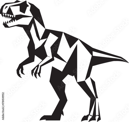 Geometric tyrannosaurus rex dinosaur silhouette with sharp angles and bold black and white contrast