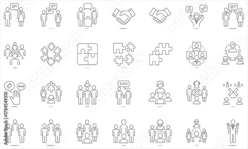 Collection of Line Icons Representing Business Concepts, Teamwork, and Communication Strategies