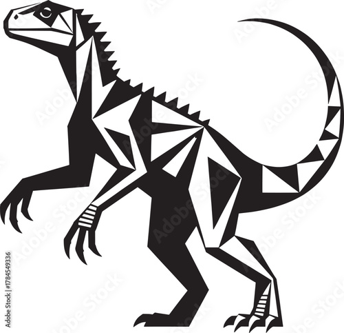 Stylized geometric black and white illustration of a velociraptor dinosaur in profile view