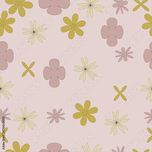 Seamless pattern of abstract retro flowers in muted pink and mustard yellow on a pale pink background, evoking a vintage 1970s aesthetic with simple, stylized floral motifs