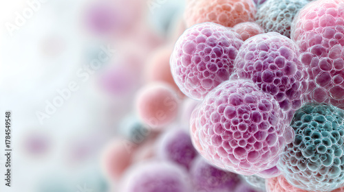 Microscopic close-up view of colorful adipocytes, or human fat cells, clustered.
