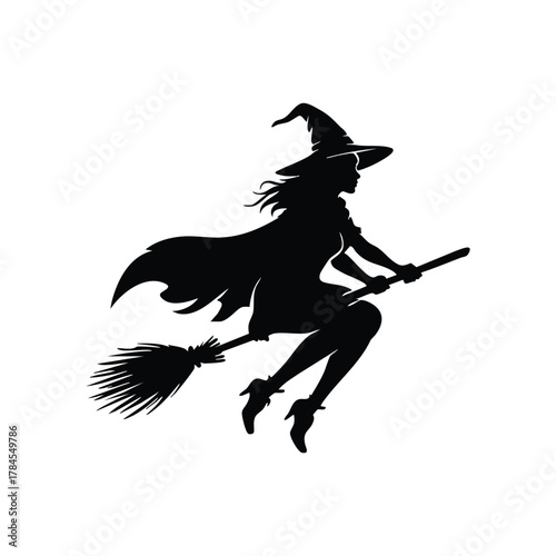 Vector Flying witch silhouette. Classic witch soaring on broomstick with pointed hat and flowing cloak.