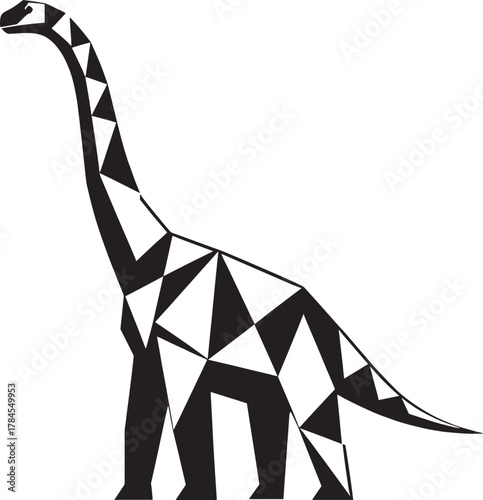 Geometric dinosaur illustration with black and white abstract patterns and shapes