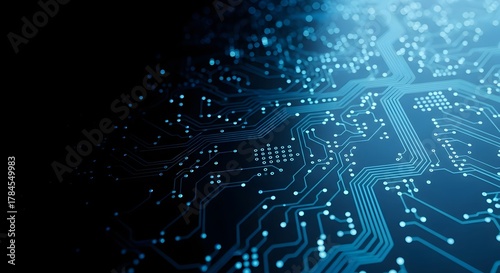 Abstract glowing blue circuit board technology background with dark space