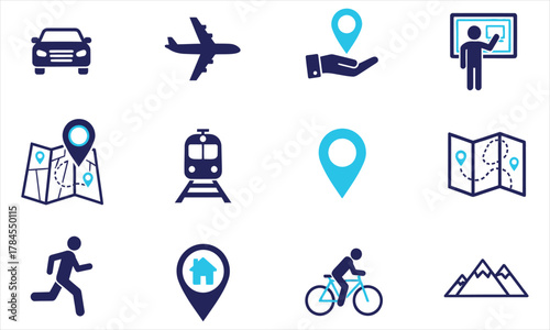 Transportation and Travel Icons Car, Airplane, Map, Train, Bicycle, Mountain, Location, and Running