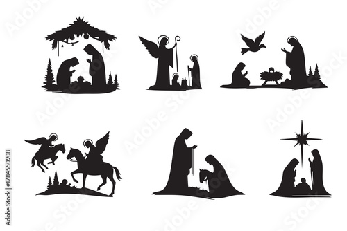 Nativity Scenes Silhouette Art Collection Festive Religious Celebration Iconography. isolated on white background