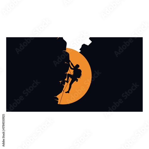Rock climbing silhouette illustration, climber ascending mountain, vibrant orange sun, extreme sport adventure
